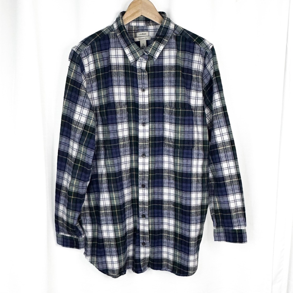 L.L.Bean Women XL Relaxed Fit Flannel Shirt Plaid 100% Cotton Soft Blue Green